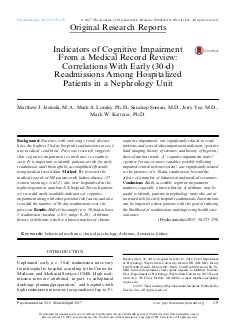 Indicators of Cognitive Impairment From a Medical Record Review: Correlations With Early (30-d) Readmissions Among Hospitalized Patients in a Nephrology Unit